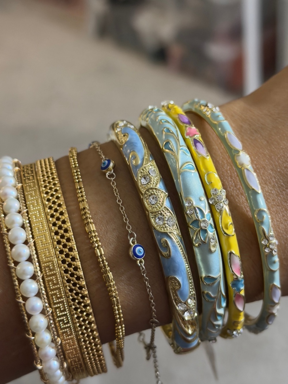 Gold-Tone Pastel Enamel Floral 4 Bangle Set - Yellow & Light Blue